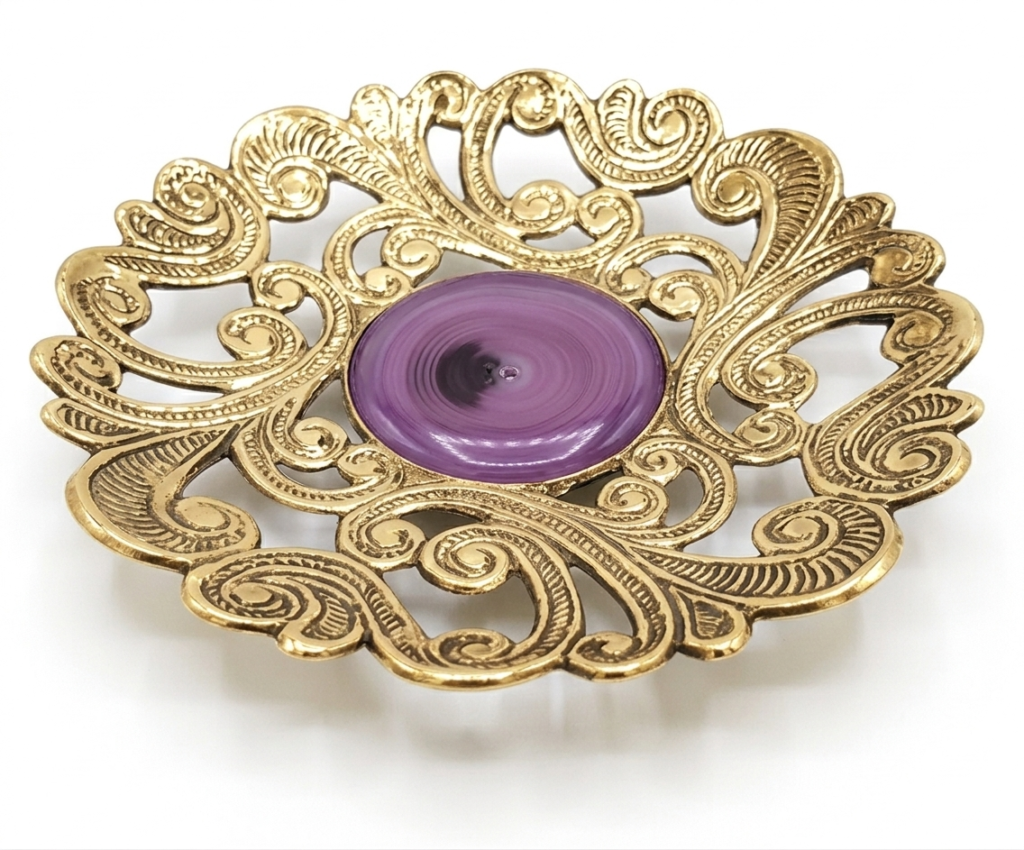 Polished Brass Platter with Purple Agate Center