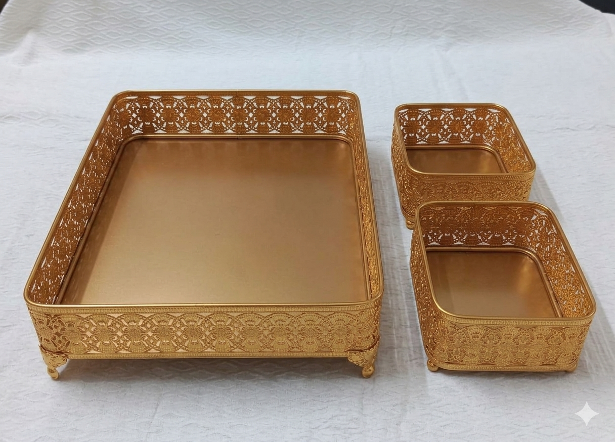 Royal Gold & Silver Filigree 3-Piece Vanity & Dry Fruit Organizer Set - Image 2