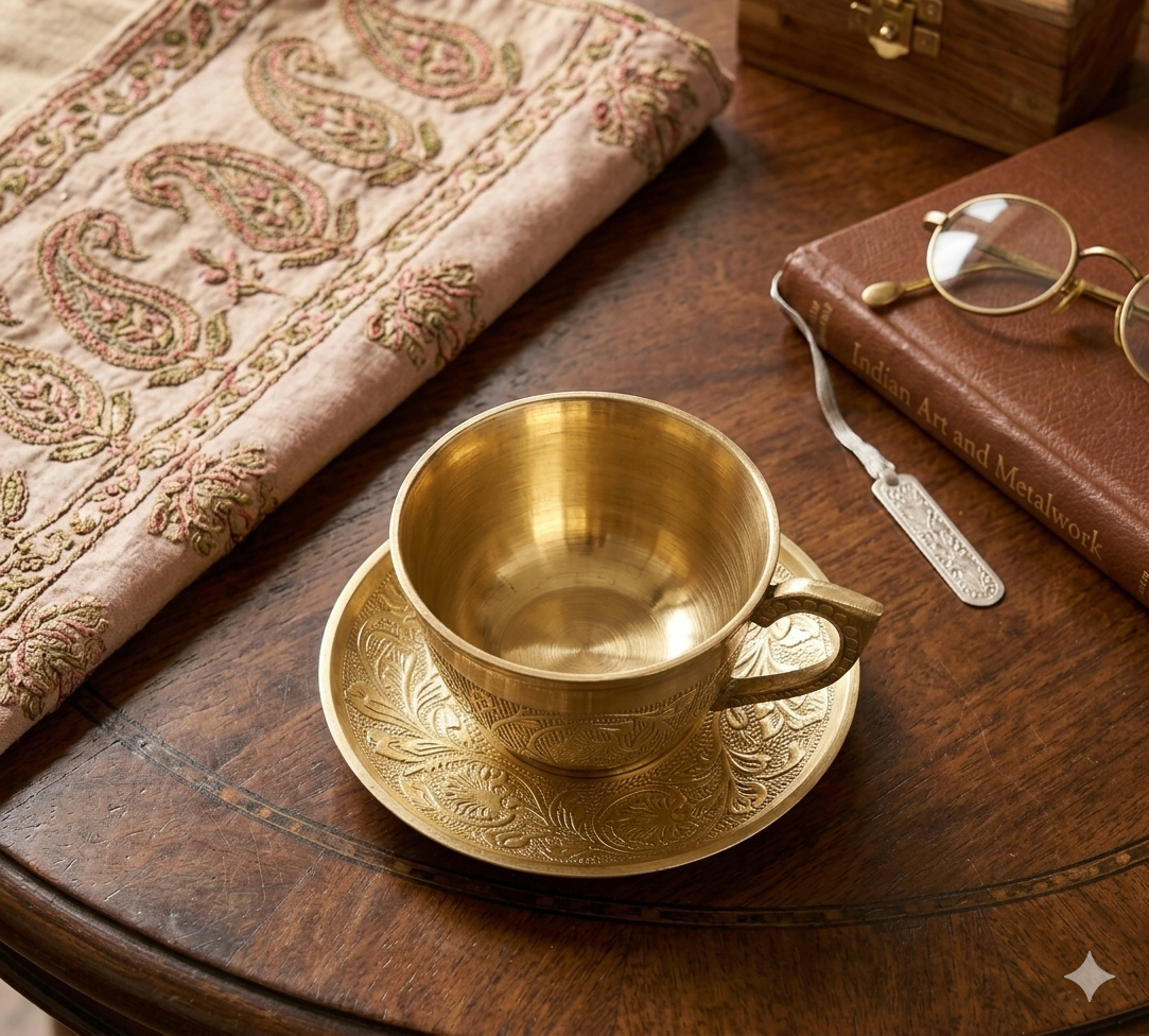 Swarna Kala Hand-Engraved Pure Brass Teacup & Saucer - Image 2