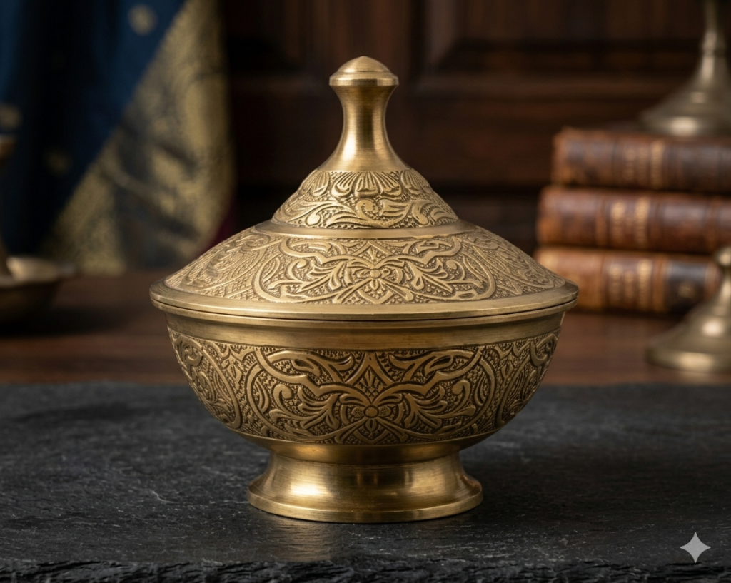 Hand-Engraved Antique Brass Urli Bowl with Lid