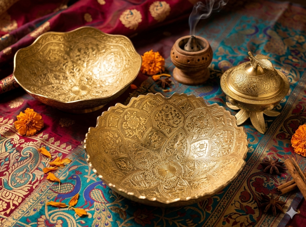 Vintage Brass Engraved Decorative Bowl & Lid Accent Set