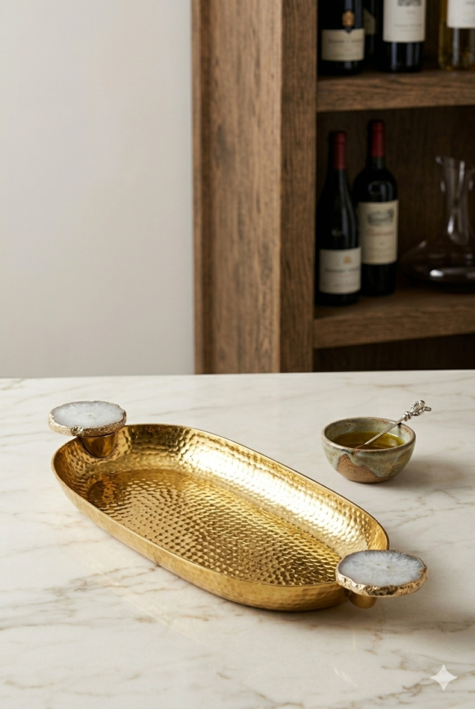 Hammered Gilt & Agate Gemstone Serving Platter