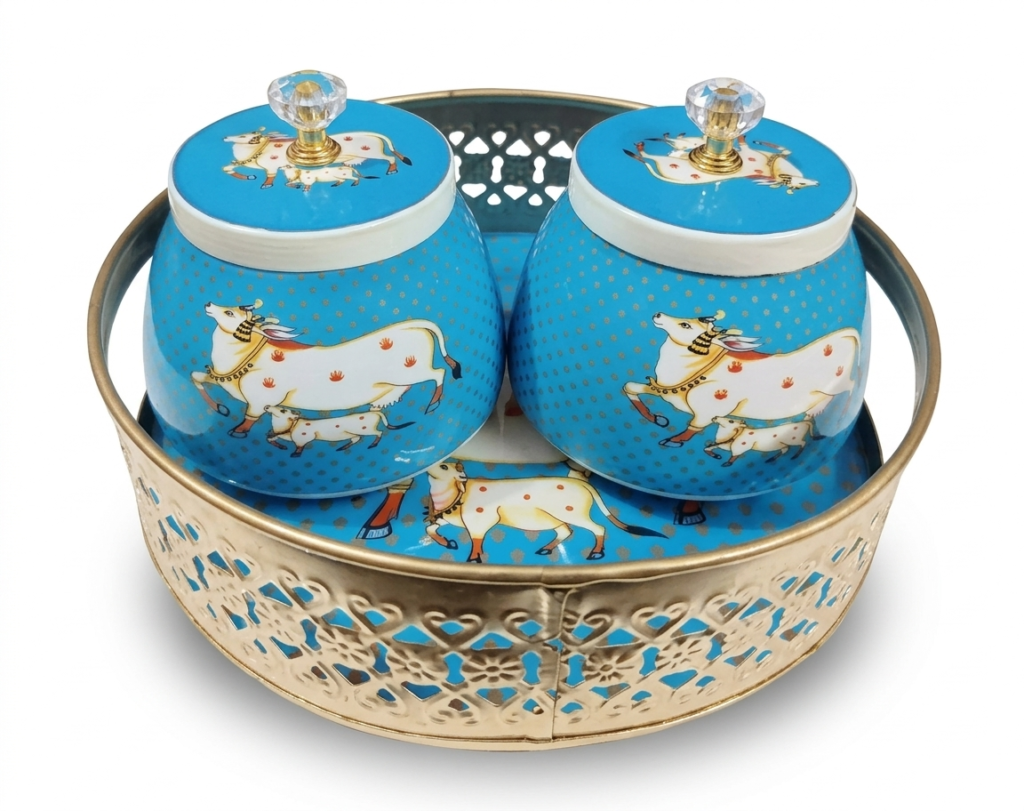 Pichwai Printed Metal Dry Fruit Jar and Tray Set