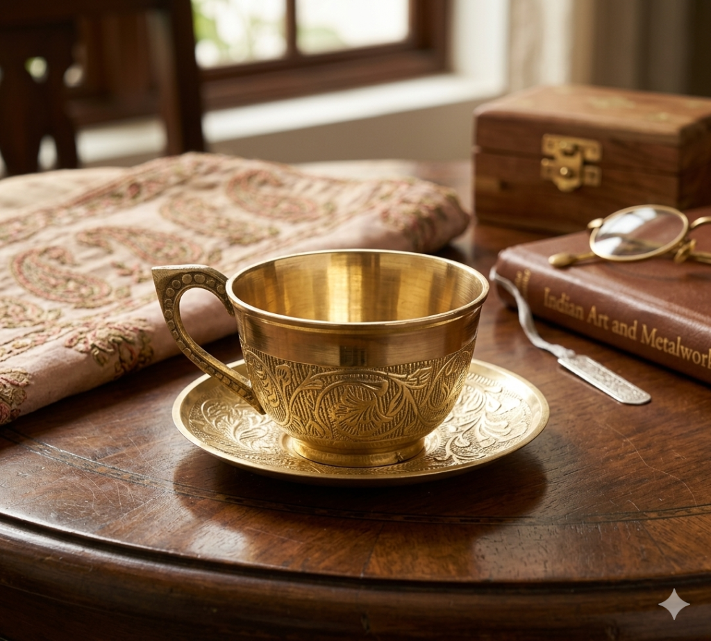 Swarna Kala Hand-Engraved Pure Brass Teacup & Saucer