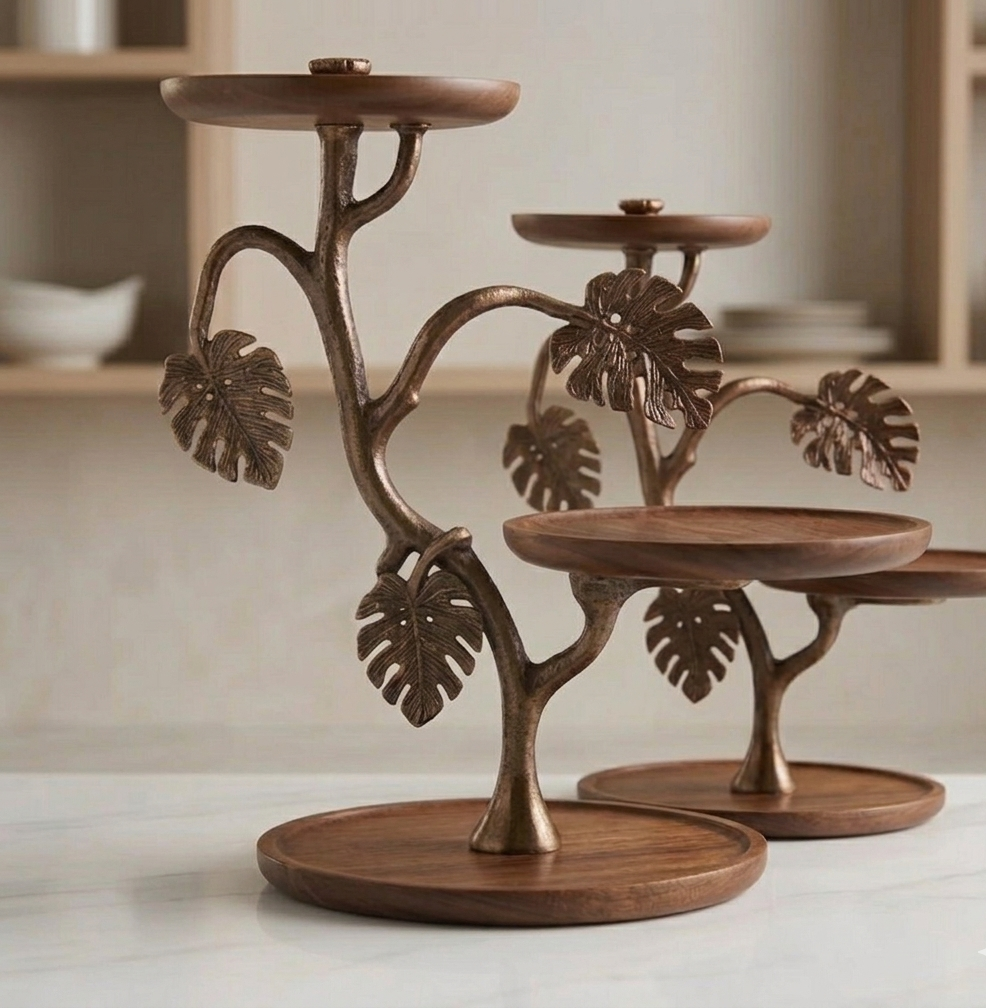 Botanical Monstera Leaf Tiered Bronze & Wood Sculpture Showpiece - Image 2