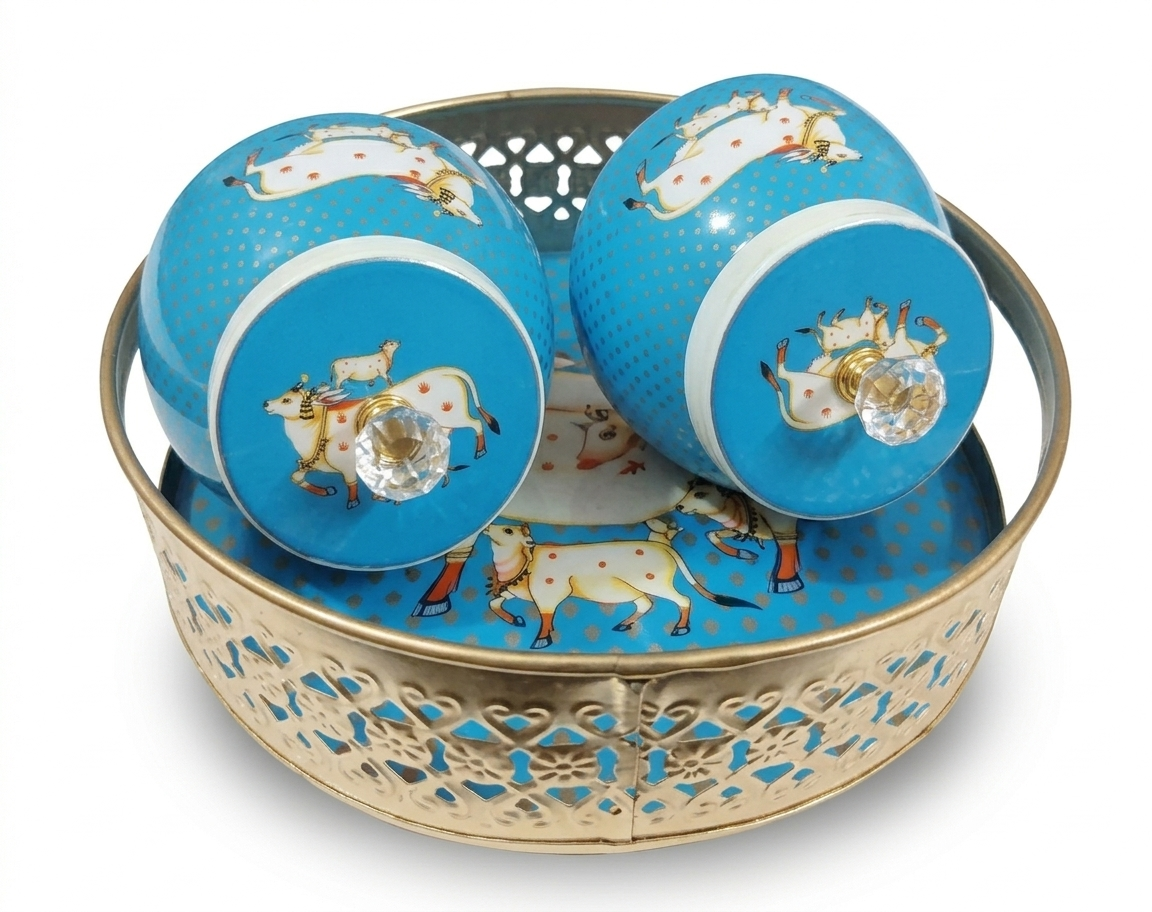 Pichwai Printed Metal Dry Fruit Jar and Tray Set - Image 2