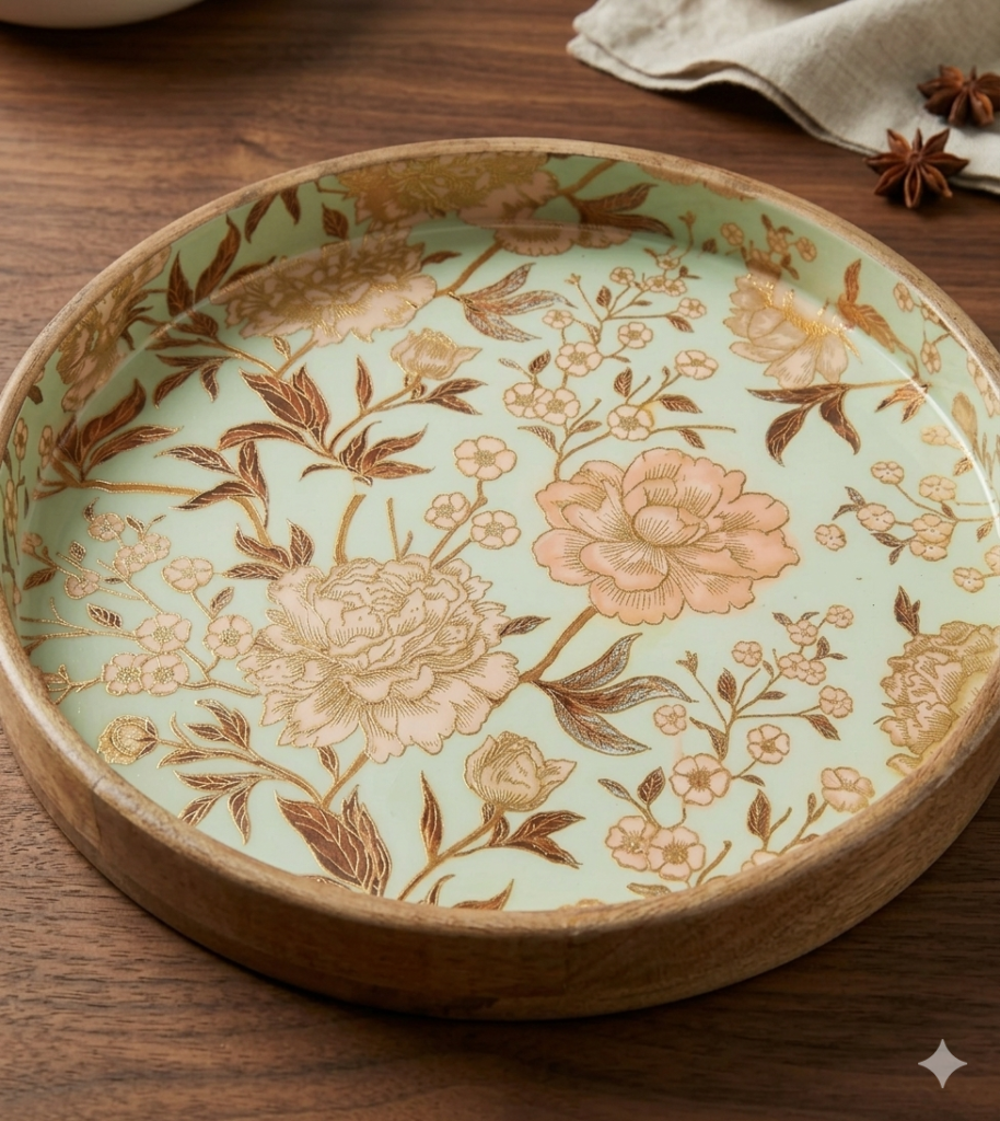 Shahi Mughal Floral Wooden Enamel Urli Tray