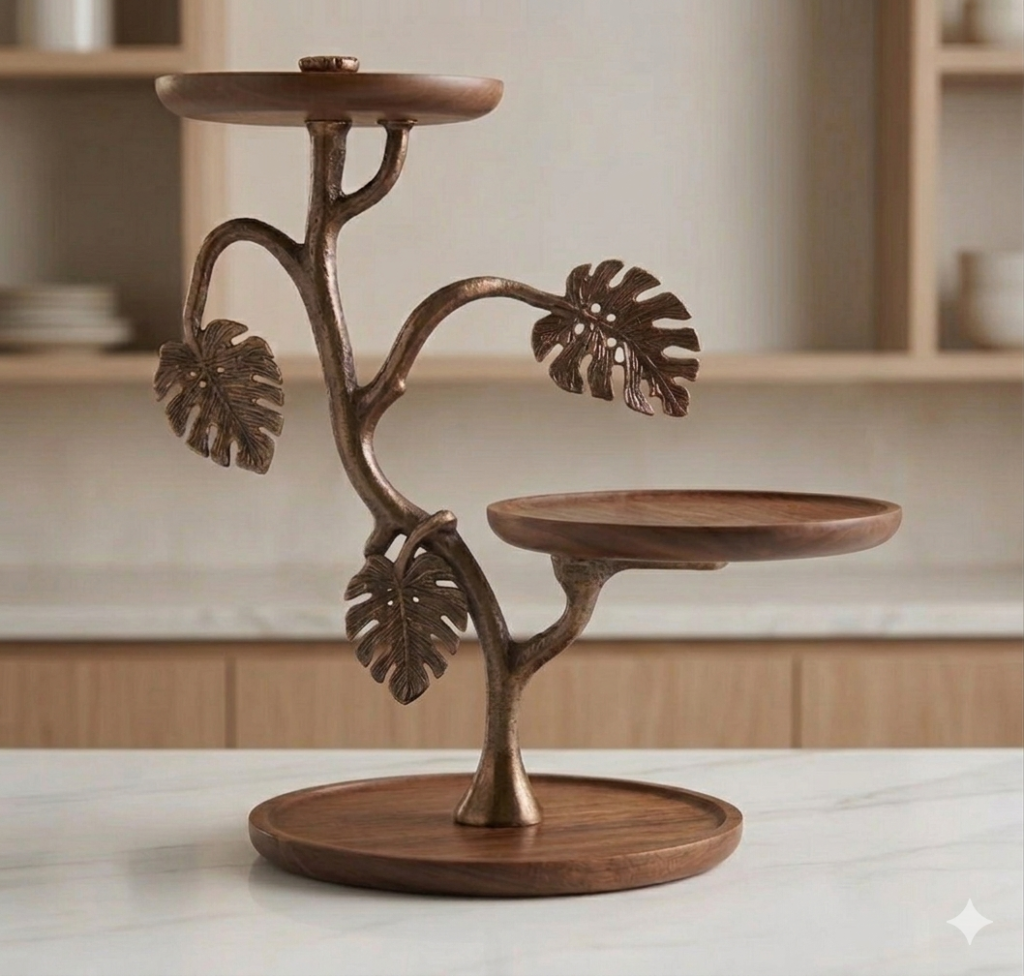 Botanical Monstera Leaf Tiered Bronze & Wood Sculpture Showpiece