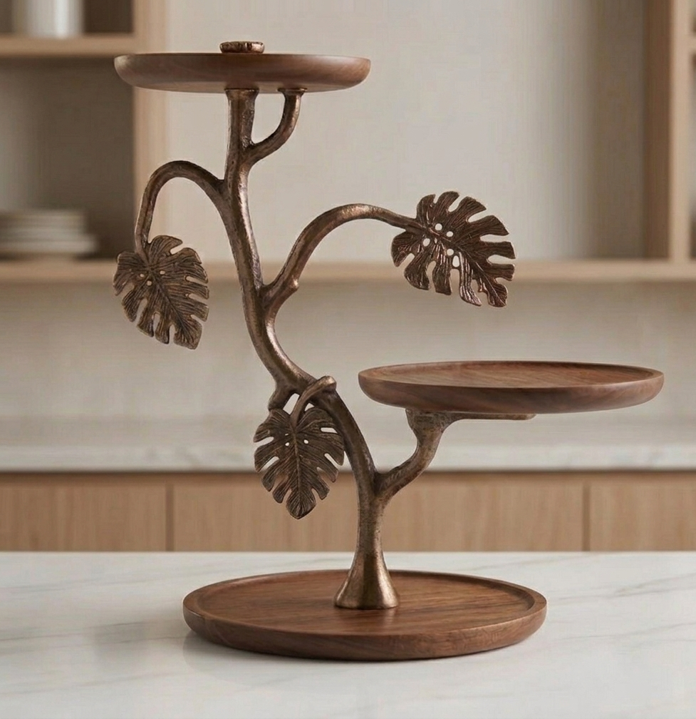 botanical-monstera-leaf-tiered-bronze-wood-sculpture-showpiece