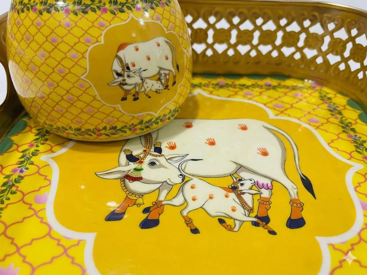 Square Metal Tray Featuring Traditional Pichwai Cow Art - Image 2
