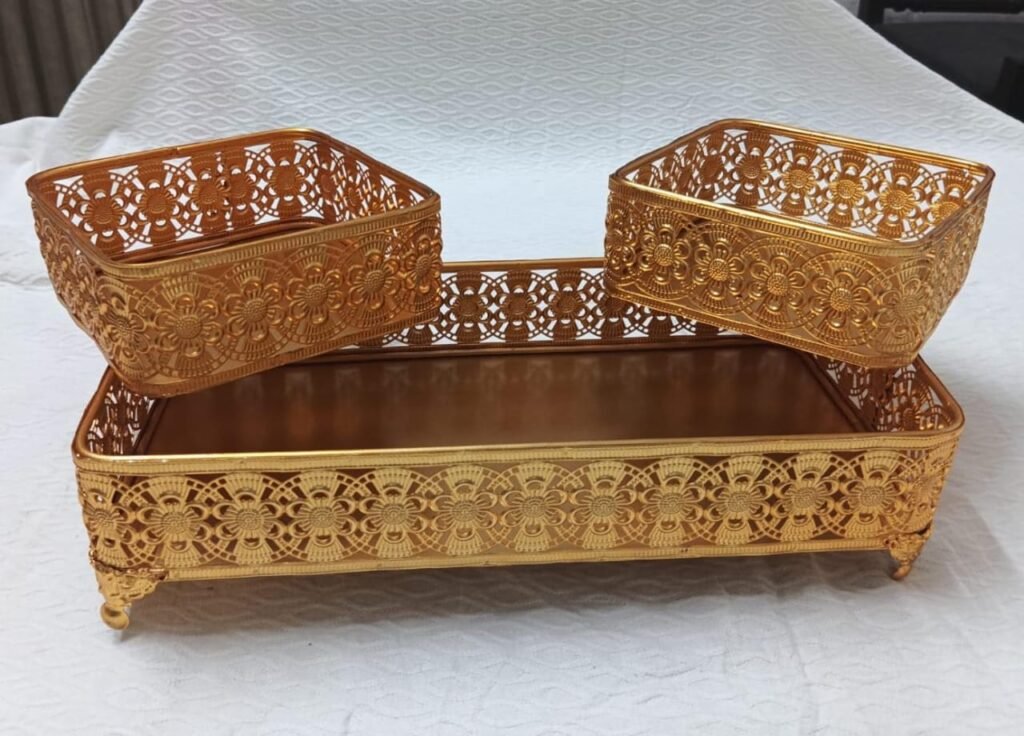 Royal Gold & Silver Filigree 3-Piece Vanity & Dry Fruit Organizer Set