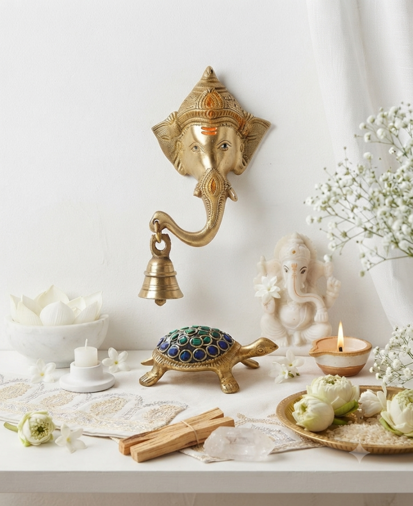 Brass Lord Ganesha Wall Hanging with Bell and Accompanying Decor Setup