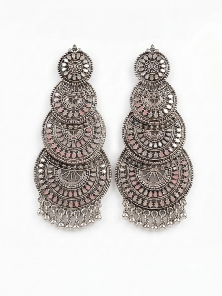 Handcrafted Oxidized Silver Tiered Chandbali Earrings with Pink Enamel & Ghungroo Detail