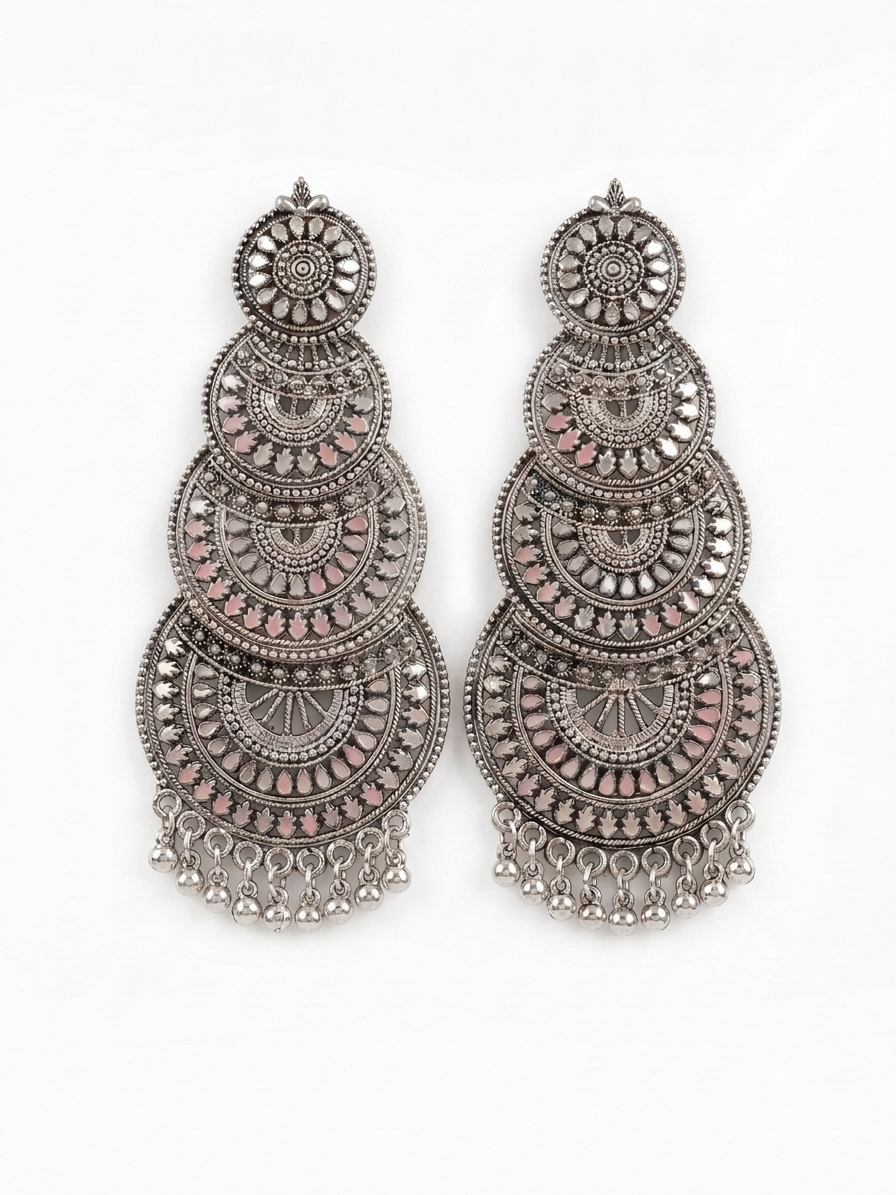 oxidized-silver-tiered-pink-chandbali-earrings