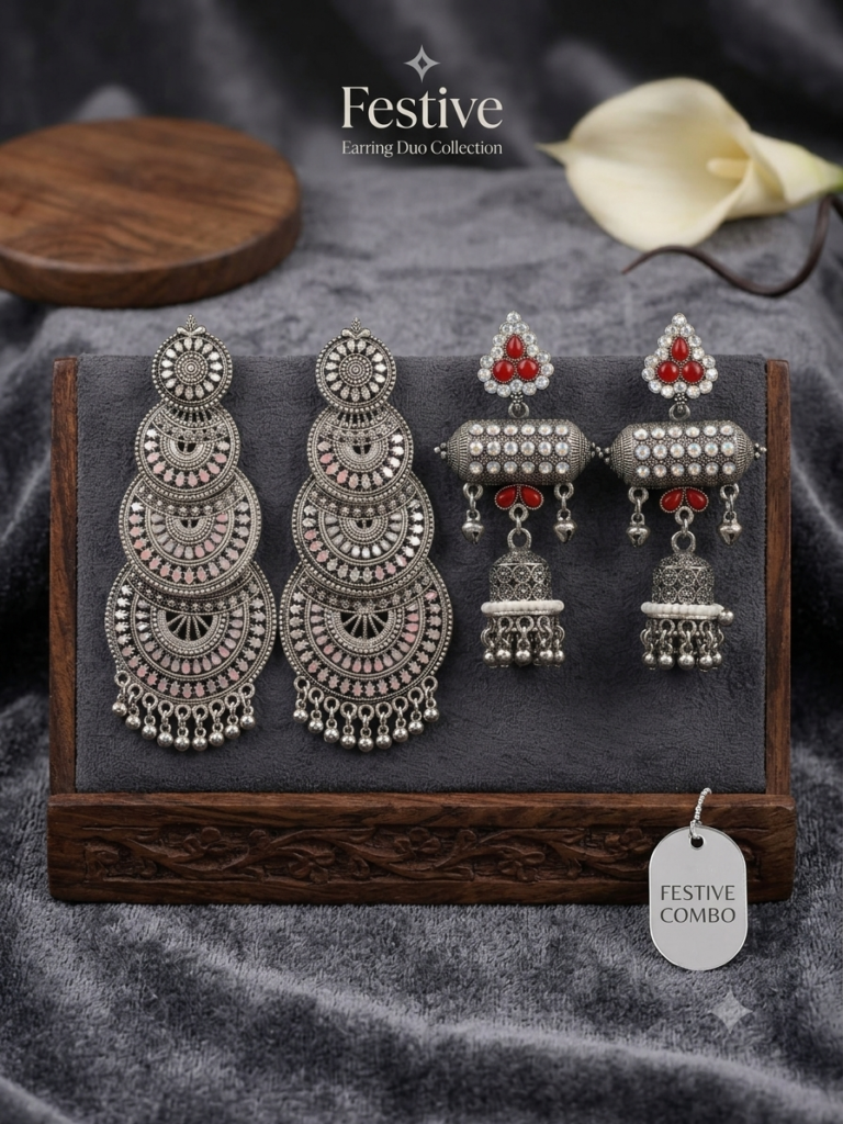 Royal Festive Collection: Pack of 2 Handcrafted Oxidized Silver Earrings (Tiered Chandbali & Crystal Dholki Jhumka)