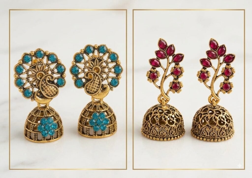 Pack of 2 Antique Gold Peacock & Floral Branch Jhumka Earrings Set (Turquoise Blue & Ruby Red)