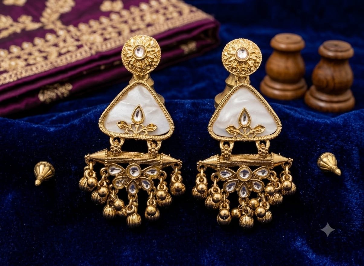 antique-gold-triangular-kundan-enamel-drop-earrings