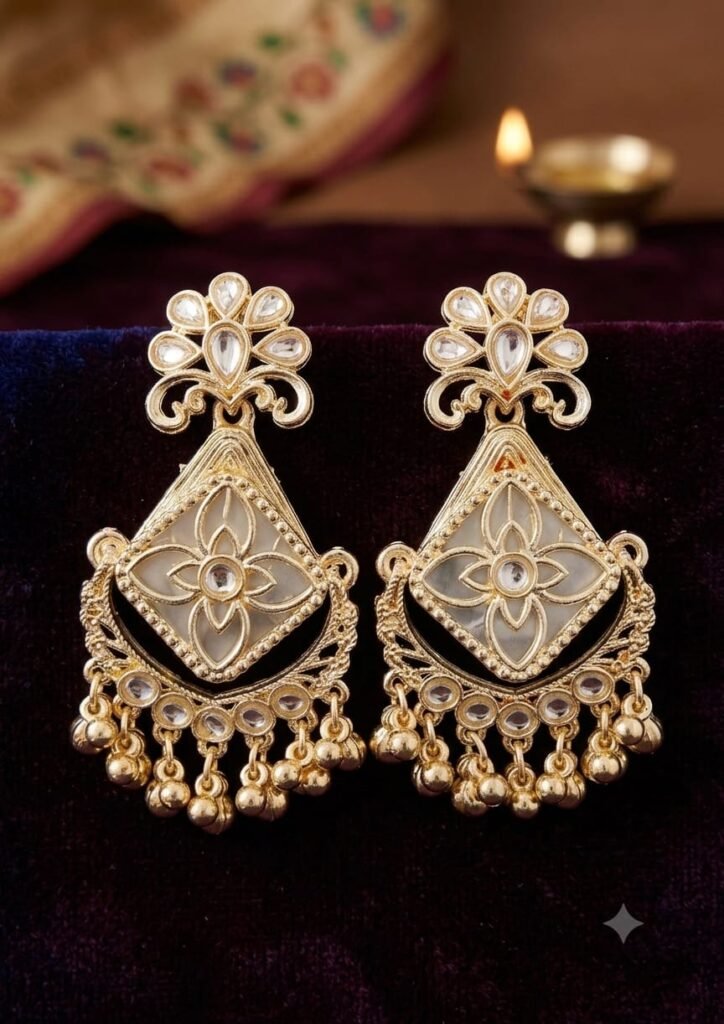 Gold-Plated Kundan & Off-White Enamel Floral Statement Drop Earrings